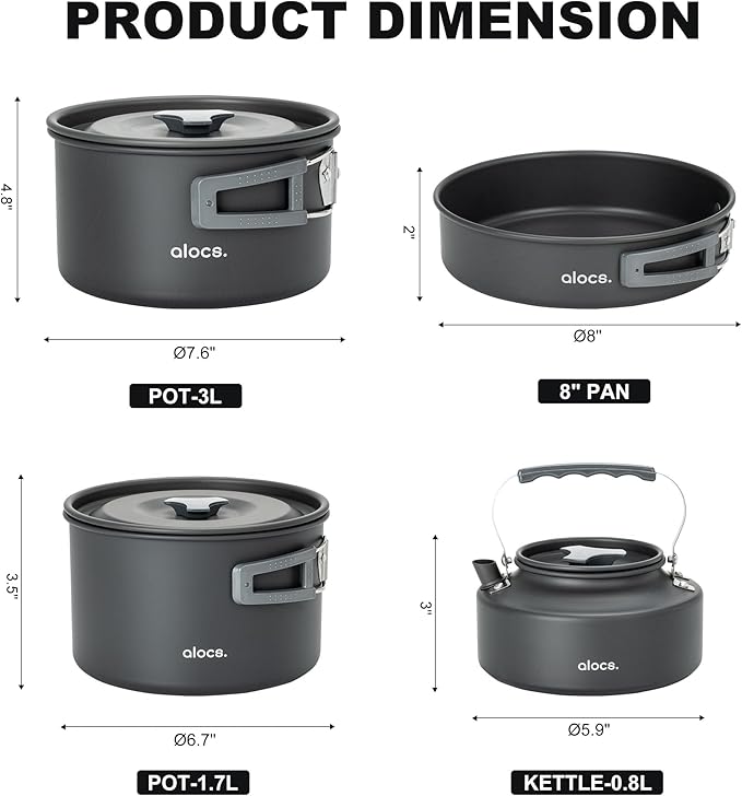 Alocs 17pcs Camping Cookware Camp Kitchen Set with Kettle, Aluminum Camping Cooking Set Backpacking Gear for Hiking,Traveling,Climbing and Picnic
