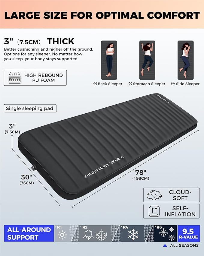 KingCamp Self Inflating Sleeping Pad for Camping Ultra Thick Double Single Foam Mattress High R Value Camping Air Pad Mat, Multi Colors & Sizes