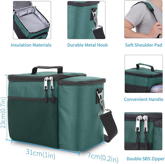 TOP&TOP Insulated Lunch Box and Cooler Bag for Men, Green, Unisex, Polyester, 13"L x 7"W x 9"H, 3 Reusable Meal Prep Containers, 2 Ice Packs, Detachable Shoulder Strap