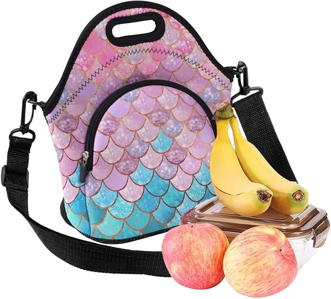 Violet Mist Womens Insulated Lunch Bag Cute Neoprene Insulated Lunch Bag Tote Unicorn Mermaid Cartoon Pink Food Handbags Large with Extra Pocket Detachable Adjustable Shoulder Lunch box for Women Lady