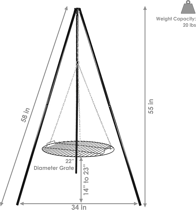 Sunnydaze Outdoor Fire Pit Tripod Cooking Grill System - Black Steel Grate and Legs - 22-Inch