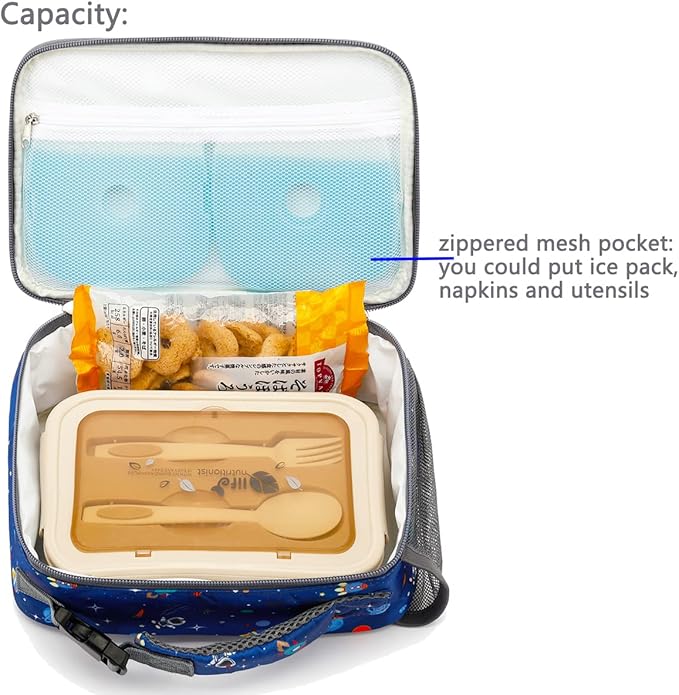 FlowFly Kids Lunch box Insulated Soft Bag Mini Cooler Back to School Thermal Meal Tote Kit for Girls, Boys, Astro&Rocket