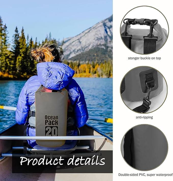 Floating Waterproof Dry Bag Backpack 5L/10L/20L, Roll Top Bag for Kayaking, Rafting, Boating, Swimming, Camping, Hiking, Beach, Fishing, Waterproof Beach Bag. (Gray, 20L)