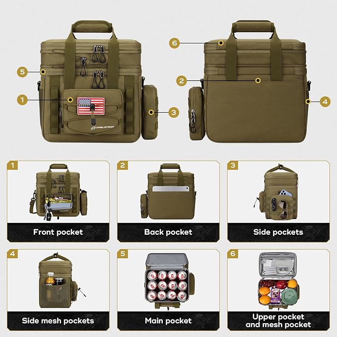 Maelstrom Tactical Lunch Box, 23 L Insulated Lunch Bag for Men, Expandable Double Deck Lunch Cooler Bag,Large Leakproof Soft Lunch Tote with Detachable MOLLE Bags, for Adult Women Work,Picnic,Khaki