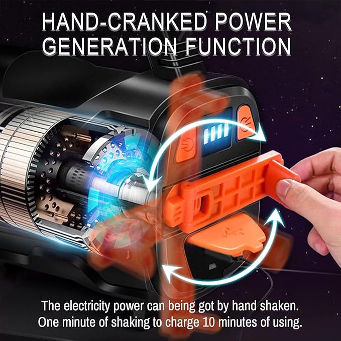 Rechargeable LED Lantern, Multi Function Camping Lantern, Hand Crank Flashlight, 6 Light Modes, IP64 Waterproof, Handheld Spotlight Flashlight Searchlight for Power Outage Hiking Emergency Hurricane