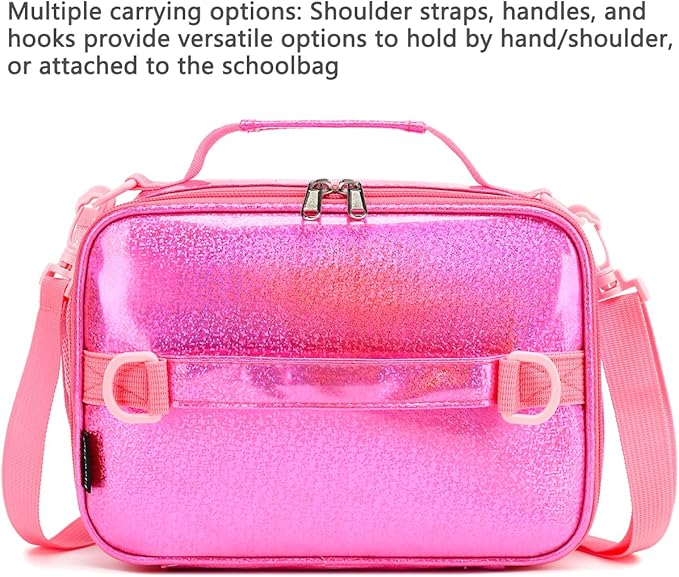 FlowFly Kids Lunch Bag, Durable Insulated School Lunch Box with Shoulder Strap and Bottle Holder, Water-resistant Thermal Small Lunch Cooler Tote for Teen Boys & Girls,Pink#PU