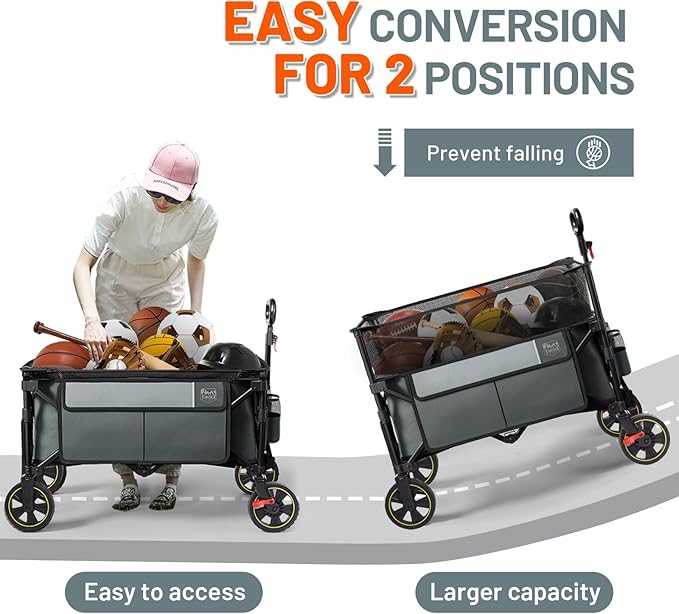 TIMBER RIDGE 350L Extra Large Collapsible Folding Wagon Carts with Brake, Heavy Duty Outdoor Camping Utility Wagons with Extended Height, Adjustable Handle, Cup Holders, Side Bag (Gray)