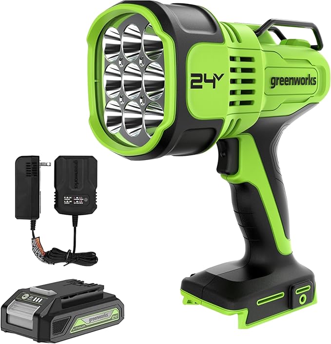 Greenworks 24V LED Handheld Spotlight with 765 Yard Distance, Cordless 3000 Lumen Work Light with 2Ah Battery and Charger