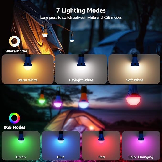 Lepro LED Rechargeable Camping Lantern, 7 White and RGB Light Modes, Camping Essentials, Hanging Light Bulbs with Clip Hook for Camping, Christmas, Decorations, Emergency, USB Cable Included, 2 Packs