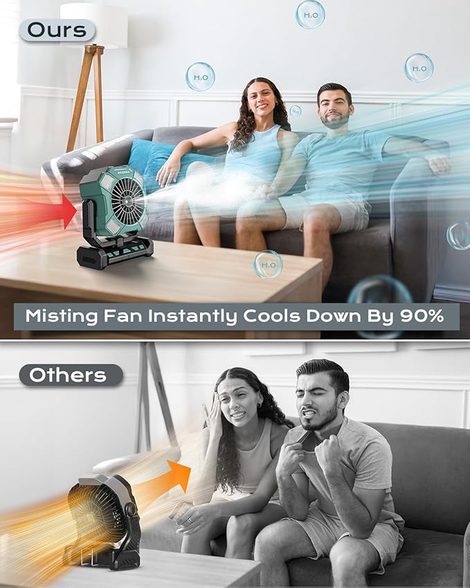 24000mAh Battery Operated Portable Misting Fan with 8M Remote Control, 4 Wind Speeds, 300ml Water Capacity, 3 Lighting Modes, Ideal for Camping, Outdoor & Industrial Use-Cyan01