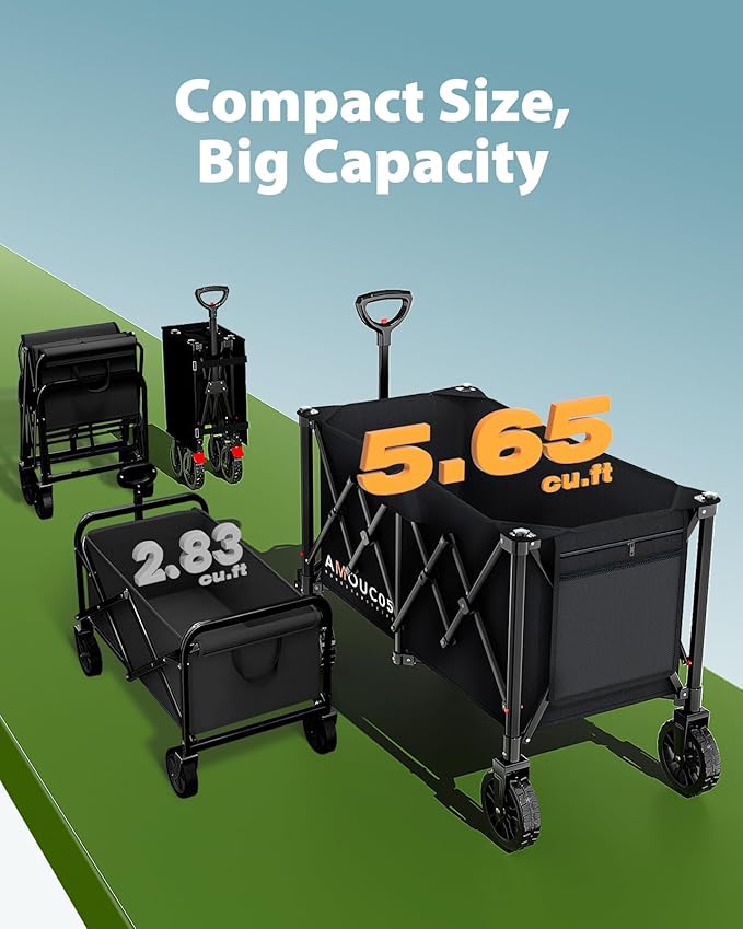 AMADA HOMEFURNISHING Wagons Carts Foldable, Collapsible Wagon with 360° Rotating Wheels and Side Pocket, Large Capacity 350LBS Foldable Wagon Cart for Shopping, Garden, Camping,Sports and Outdoor Use