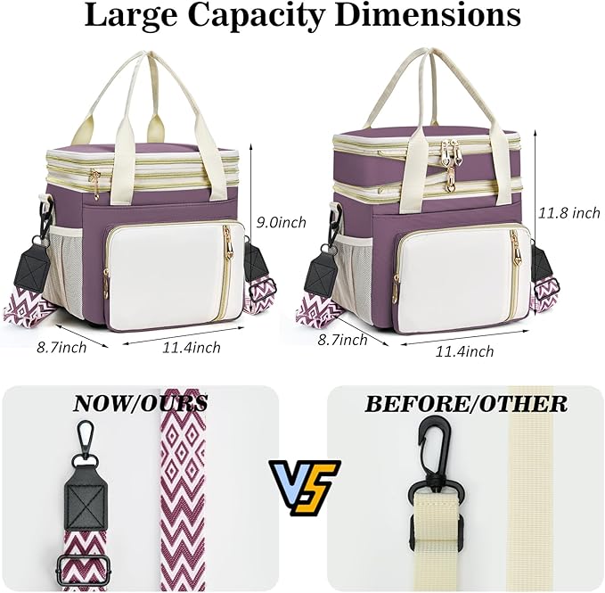 LOKASS Lunch Box for Women/Men-16L-Insulated Lunch Bag, Expandable Double-layer Leakproof Cooler Bag with Upgrade Adjustable Shoulder Strap Ideal for Work/Travel/Picnics（Dark Pink）