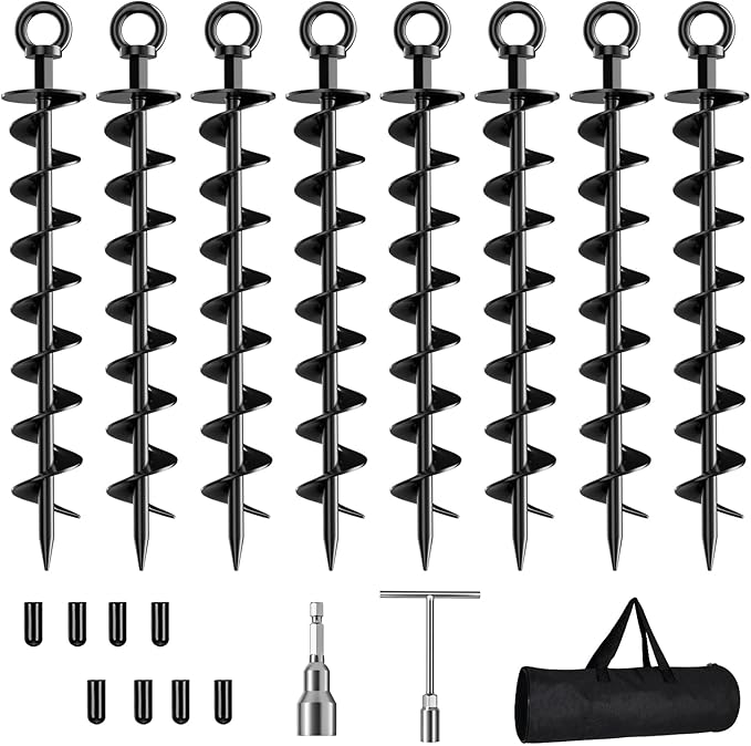 Ground Anchor Screw in, 8 Pack Spiral Trampoline Anchors with Nut and Tool Swing Set Anchors Tent Stakes High Wind Heavy Duty for Sheds, Carports, Mobile Home Black