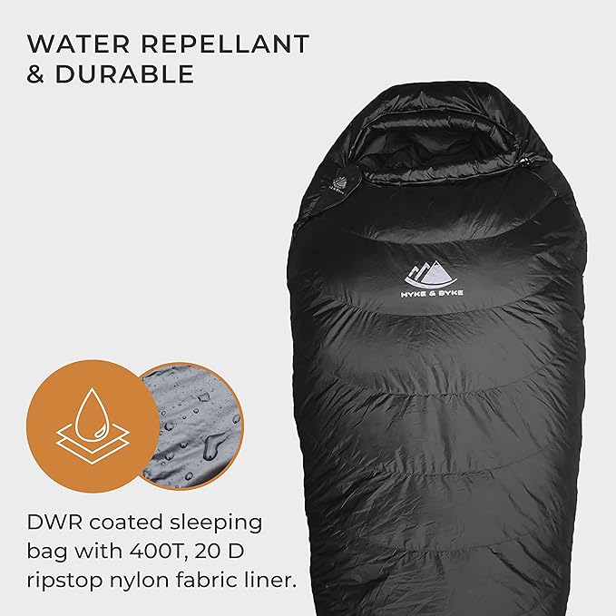 Hyke & Byke Shavano 32 F Hiking & Backpacking Sleeping Bag - 3 Season, 650FP Duck Down Sleeping Bag - Ultralight - Black - 78in - Regular