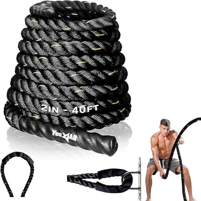 Yes4All 1.5/2 Inch Battle Ropes with Extra Protective Sleeve, Workout Ropes for Cross-Training Home Gym & Fitness Exercises, Strength Training - 30,40,50 Feet Lengths Available