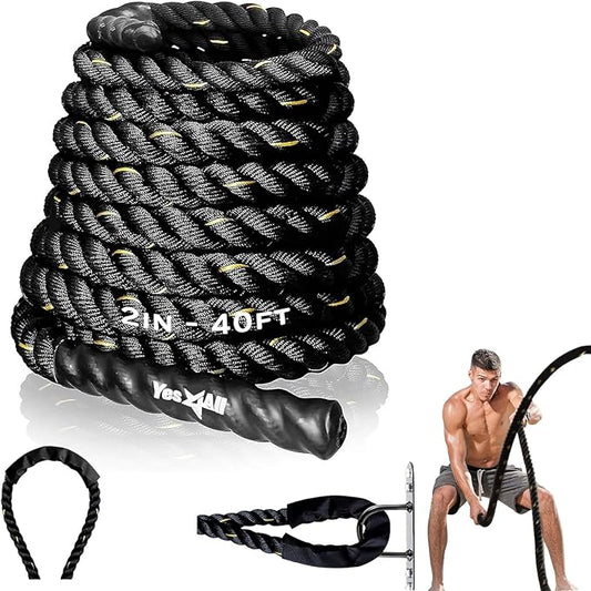 Yes4All 1.5/2 Inch Battle Ropes with Extra Protective Sleeve, Workout Ropes for Cross-Training Home Gym & Fitness Exercises, Strength Training - 30,40,50 Feet Lengths Available
