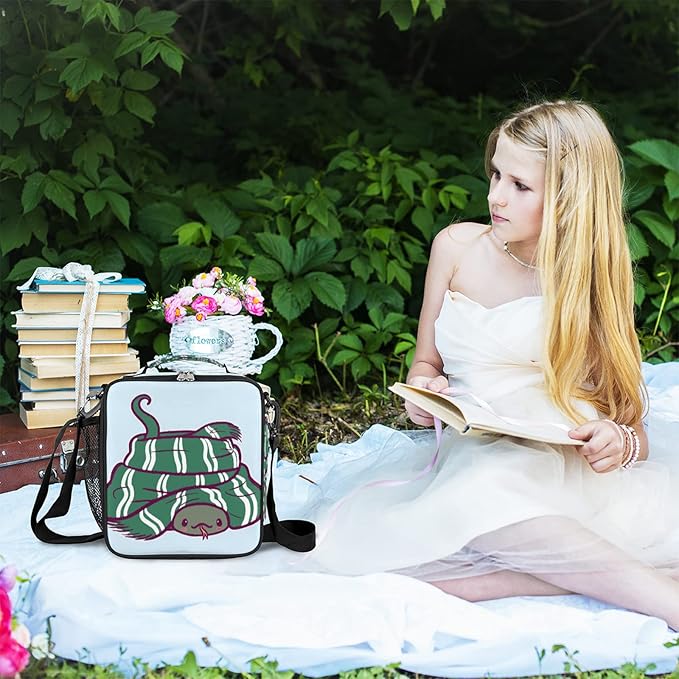 cfpolar Kids Lunch Bag, Green Snake Wear Scarf Reusable Insulated Lunch Box for Kids, Thermal Cooler Lunch Tote Leakproof Lunch Box with Shoulder Strap for School Daycare