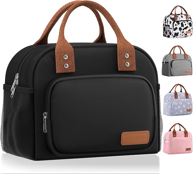 Lunch Bag Women,Insulated Lunch Box Lunch Bag for Women Men Work Adult Cute Small Lunch Tote Bag, Large Capacity Reusable Cooler Containers for Travel Picnic Office or Beach (Black)