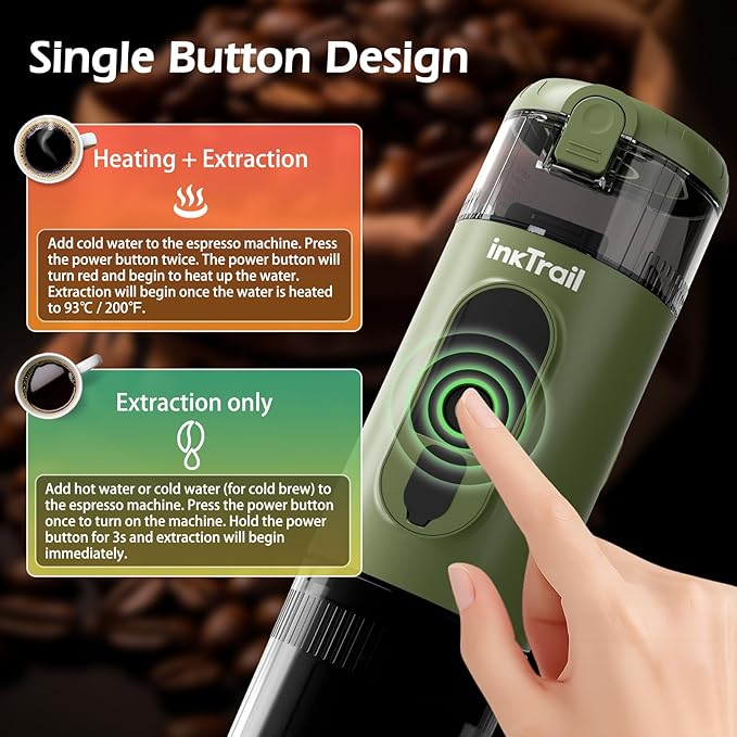 InkTrail Portable Electric Espresso Machine,Travel Coffee Maker for Camping, Self-Heating with Rechargeable Battery, Compatible with Ground Coffee & NS Original Capsule for Car, RV, Hiking, Office