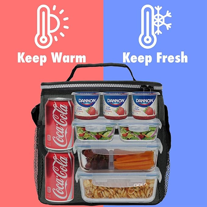 opux Insulated Lunch Bag for Men Women, Leakproof Charcoal Grey Lunch Box for Work, Portable Soft Lunch Cooler Bag with Shoulder Strap, Adult Lunchbox Lunch Pail for Kid Boy Girl School, 18 Can/10L