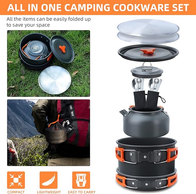 LIXADA 16pcs Camping Cookware Mess Kit, Non-Stick Lightweight Pot Pan Kettle Set with Stainless Steel Plates Forks Knives Spoons, Portable Camping Cooking Set for Outdoor Backpacking Hiking Picnic