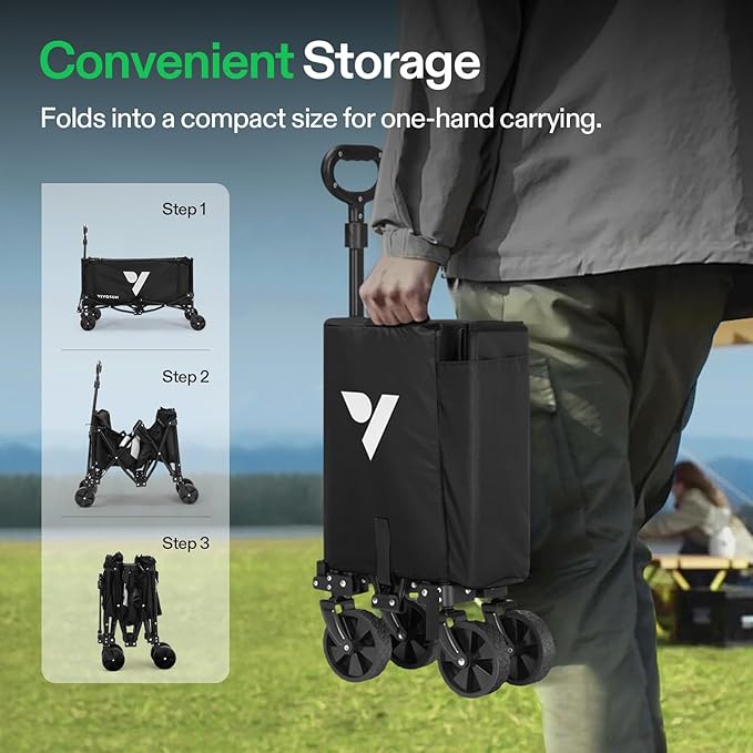 VIVOSUN Collapsible Wagon with Side Gates, 220lb Load-Bearing Outdoor Utility with All-Terrain Wheels, Adjustable Handle, Cup Holders for Camping, Shopping, Garden, Sports, Picnic, Black