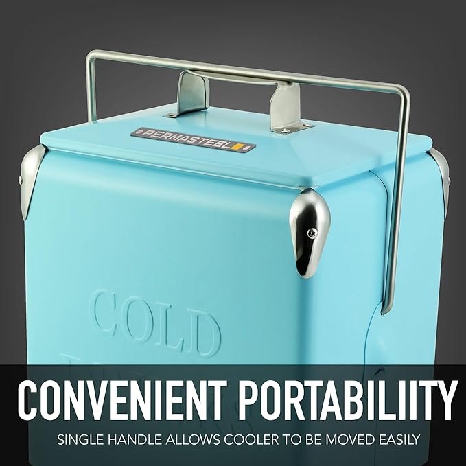Permasteel 14-Qt Retro Vintage Portable Ice Chest, Hard Metal Personal Cooler for Camping, Beach, Picnic, Classic Style Ice Chest, Turquoise