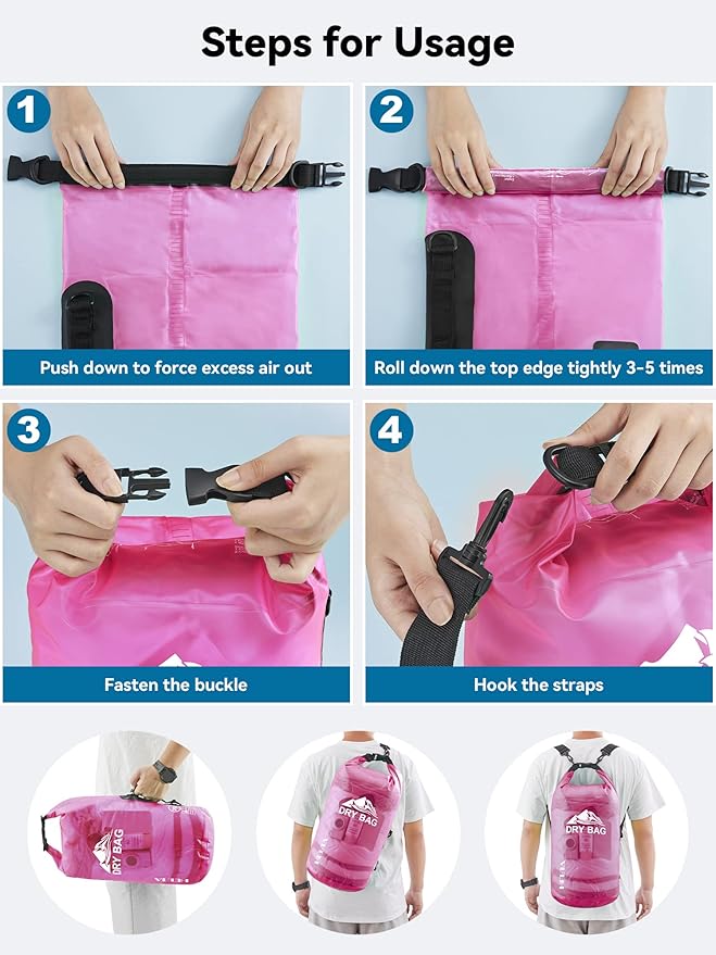 HEETA Dry Bag Waterproof for Women Men, 5L/10L/20L/30L/40L Roll Top Lightweight Dry Storage Bag Backpack with Phone Case for Travel, Swimming, Boating, Kayaking, Camping & Beach, 11 Transparent Colors