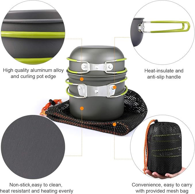 G4Free 2/4/13 PCS Camping Cookware Mess Kit Hiking Backpacking Picnic Cooking Bowl Non Stick Pot Knife Spoon Set