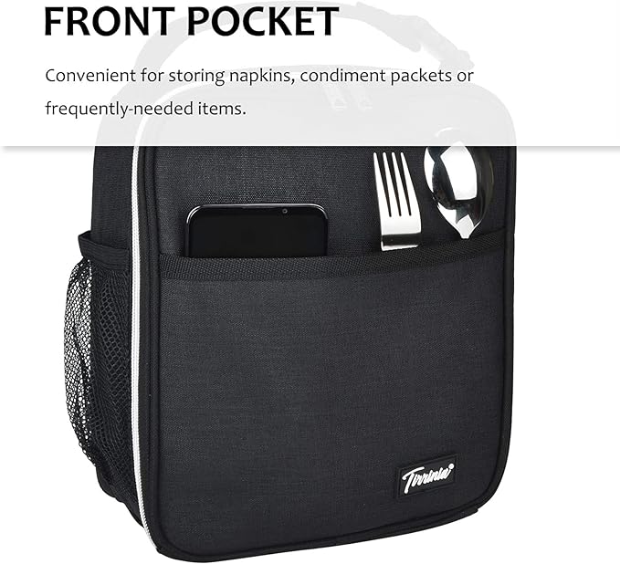 Tirrinia Small Insulated Lunch Bag for Men Women, Splash Proof Mini Portable Reusable Thermal Lunch Box Cooler Tote for Adults & Kids, Black