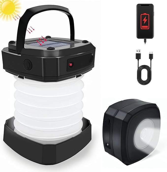 Solar Camping Lantern, Collapsible Rechargeable Camping LED Light,Portable USB Night Light for Power Outages,Emergencies,Hurricanes,Tent Lighting, Hiking,Backpacking Gear(Black)