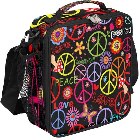 Pardick Love Peace Sign Lunch Bag for Girls Boys Peace Symbol Flower Kids Lunch Tote Bag with Shoulder Strap Kid Insulated Lunch Box Cute Cooler Handbag for School Daycare Picnic Travel Outdoor