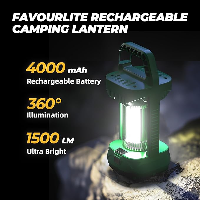 Favourlite Camping Lantern, 1500LM Camping Light 3000 Capacity Phone Charger LED Impact-Resistant Flashlight Lantern Portable Waterproof Hurricane Lanterns for Power Outages (Black+Black)