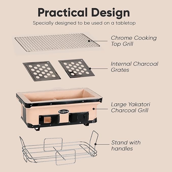 Fire Sense 60450 Yakatori Internal Grates Charcoal Chrome Cooking Grill Japanese Table BBQ Handmade Using Clay Adjustable Ventilation For Outdoor Barbecues Camping Traveling - Large - Tan