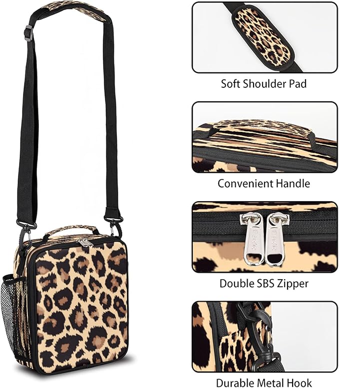 Pardick Leopard Lunch Box for Kids,Students Leopard Animal Skin Print Lunch Bag Tote with Adjustable Shoulder Strap,Insulated Thermal Girls Boys Lunchbox Cooler Bag for School Picnic Travel Outdoor
