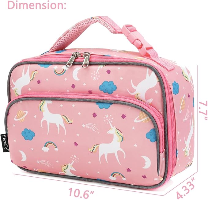 FlowFly Kids Lunch box Insulated Soft Bag Mini Cooler Back to School Thermal Meal Tote Kit for Girls, Boys,Unicorn