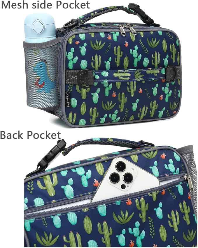 FlowFly Kids Lunch Bag, Durable Insulated School Lunch Box with Shoulder Strap and Bottle Holder, Water-resistant Thermal Small Lunch Cooler Tote for Teen Boys & Girls, Cactus