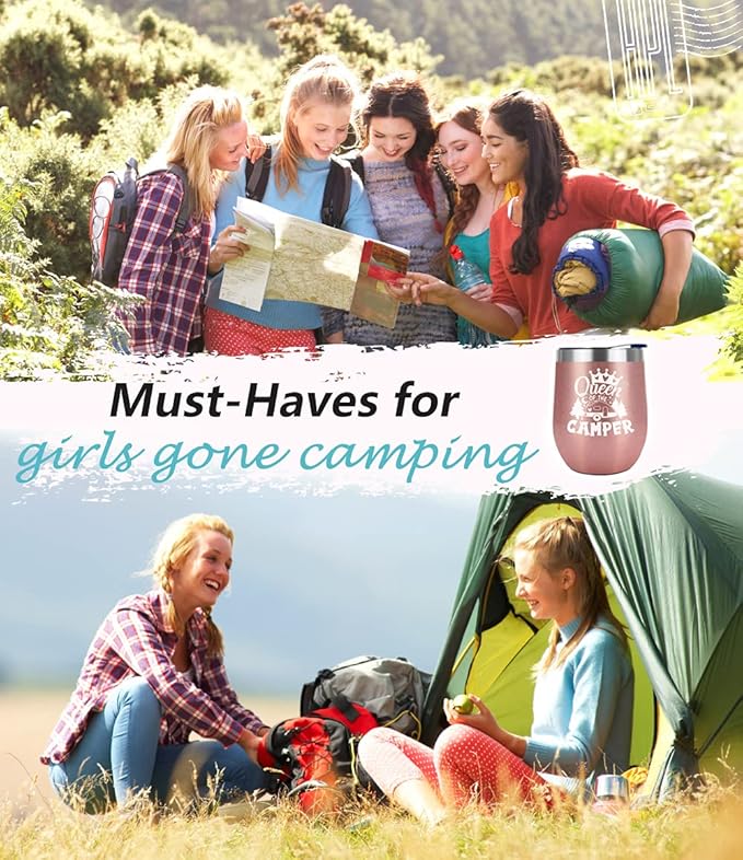 Queen of The Camper Wine Tumbler, Camping Coffee Mug Cup, Women Campers Stemless Tumblers with Lid Stainless Steel Insulated Vacuum 12 Oz, RV Gifts for Camping Lovers Outdoors Hiking