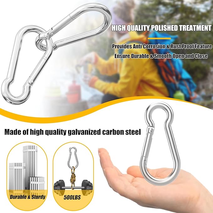 100PCS 3" Heavy Duty Spring Snap Hook, M8 5/16" Galvanized Steel Snap Hook Carabiner Quick Link Carabiner Clip, 500LBS Holding Capacity Quick Link Keychain for Swing Hammock Gym Outdoor
