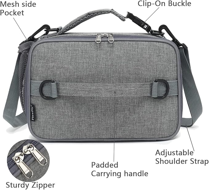 FlowFly Kids Lunch Bag, Durable Insulated School Lunch Box with Shoulder Strap and Bottle Holder, Water-resistant Thermal Small Lunch Cooler Tote for Teen Boys & Girls,Grey