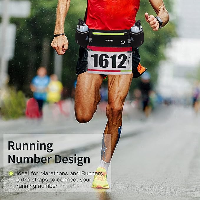 PYFK Upgraded Running Belt with Water Bottles, Hydration Belt for Men and Women, Water Bottle Holder Running Pouch Belt, Fanny Pack Fits 7 inches Phones, Waist pack for Running Hiking Climbing