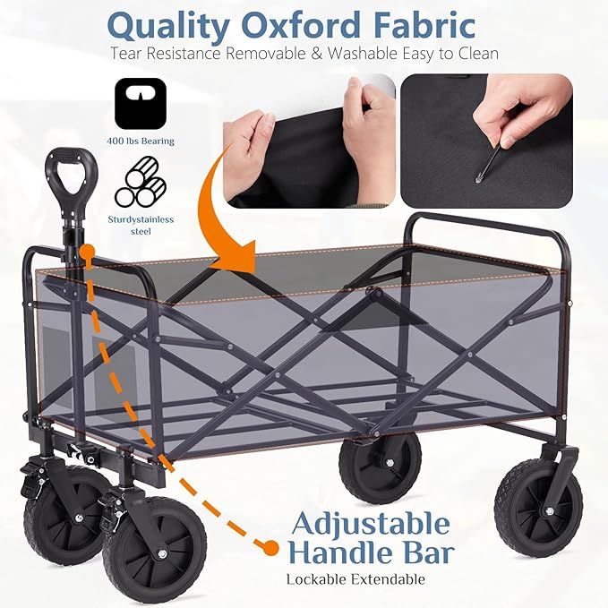 DUMOS Foldable Wagons Carts with All-Terrain Wheels, 170L & 400LBS Portable Wagon Large Capacity Utility Cart with Drink Holders, Heavy Duty Collapsible for Sand, Beach, Gardening (35IN Black)
