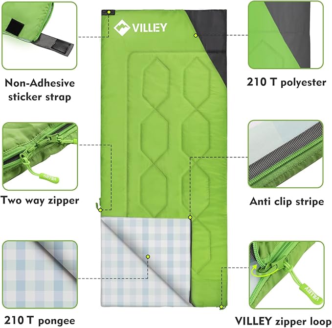 VILLEY Camping Sleeping Bag, Lightweight Backpacking Sleeping Bag with Carrying Bag for Adults & Kids, Outdoor Camping Hiking Equipment for 3 Season Warm & Cool Weather - Summer, Spring, Fall