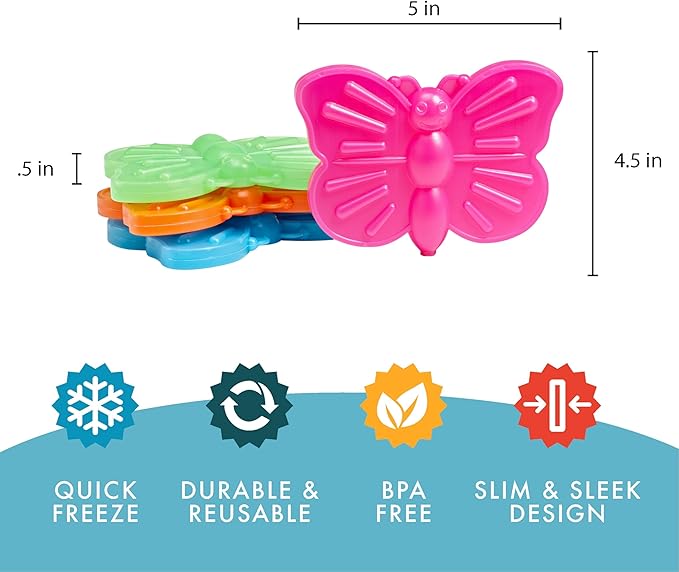 Fit & Fresh Cool Coolers Kids Lunch Box Ice Packs, Slim Ice Packs for Lunch Bags, Lunch Ice Packs Reusable-Multicolored 8 Pack Butterfly