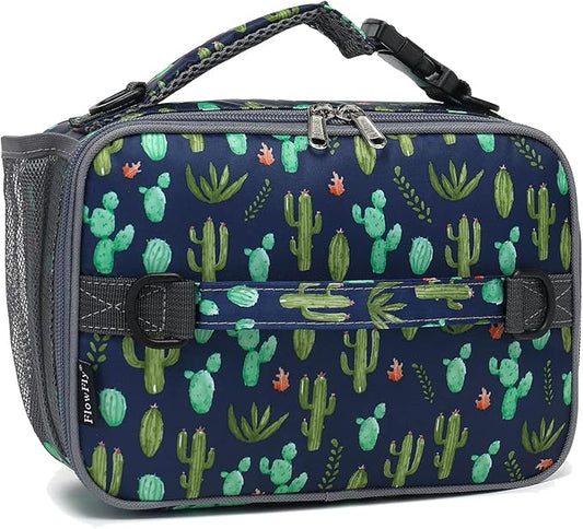 FlowFly Kids Lunch Bag, Durable Insulated School Lunch Box with Shoulder Strap and Bottle Holder, Water-resistant Thermal Small Lunch Cooler Tote for Teen Boys & Girls, Cactus