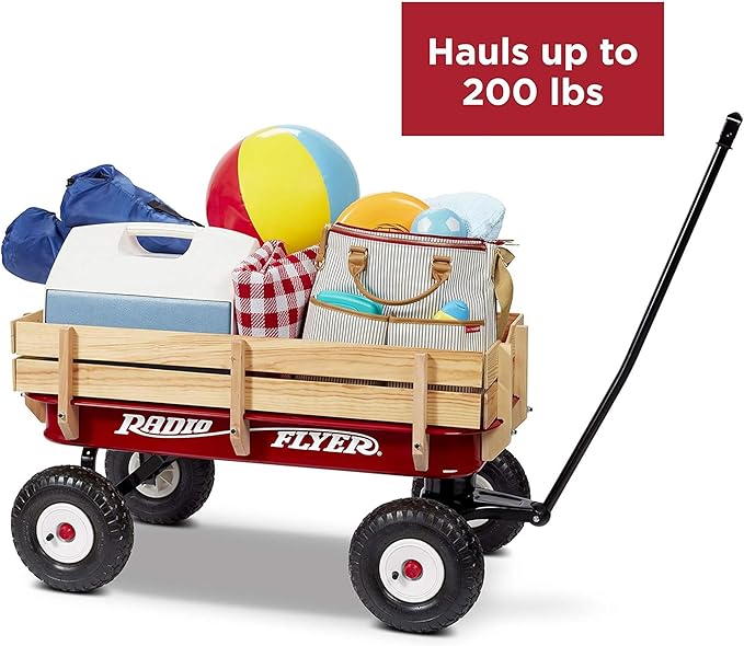 Radio Flyer Pull Along Kids Wagon with Foldable Handle and Wooden Stake Sides, Red - Heavy Duty Outdoor Cart and Carrier with Wheels for Children