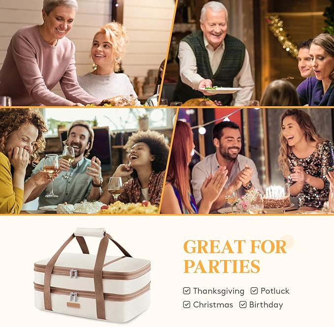 Double Decker Insulated Casserole Carrier for Hot or Cold Food, Lasagna Lugger Tote for Potluck Parties/Picnic/Cookouts, Fits 9"×13" Baking Dish, Cream