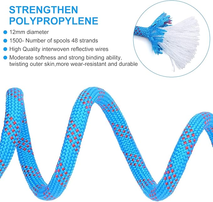 10mm/12mm Climbing Rope, Outdoor Static Rock Climbing Rope, Tree Climbing Rappelling Rope, Escape Nylon Rope, Ice Climbing Equipment Fire Rescue Parachute Rope with 2 Steel Hooks