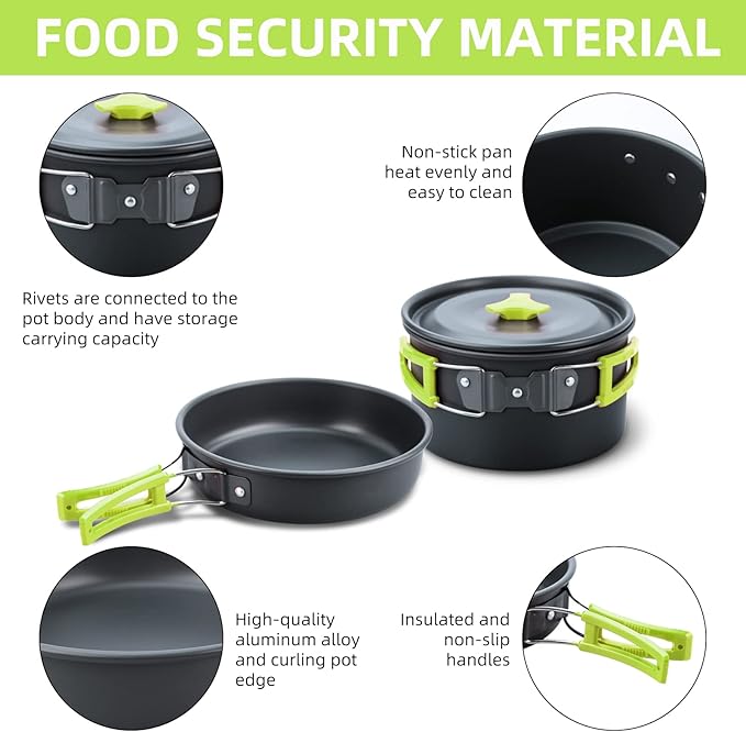 LIXADA 16pcs Camping Cookware Mess Kit, Non-Stick Lightweight Pot Pan Kettle Set with Stainless Steel Plates Forks Knives Spoons, Portable Camping Cooking Set for Outdoor Backpacking Hiking Picnic