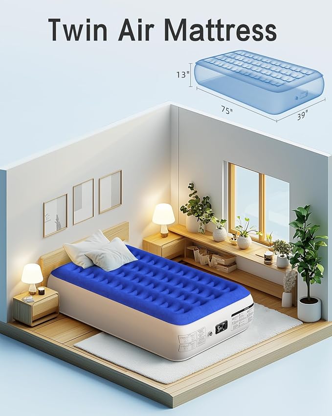 Twin Air Mattress with Built in Pump Luxurious Comfort Raised Inflatable Mattress Twin Airbed Blow Up Mattress for Home and Guests 75"*39"*13" Air Bed 2 Minutes Fast Inflate/Deflate 330 lbs Max